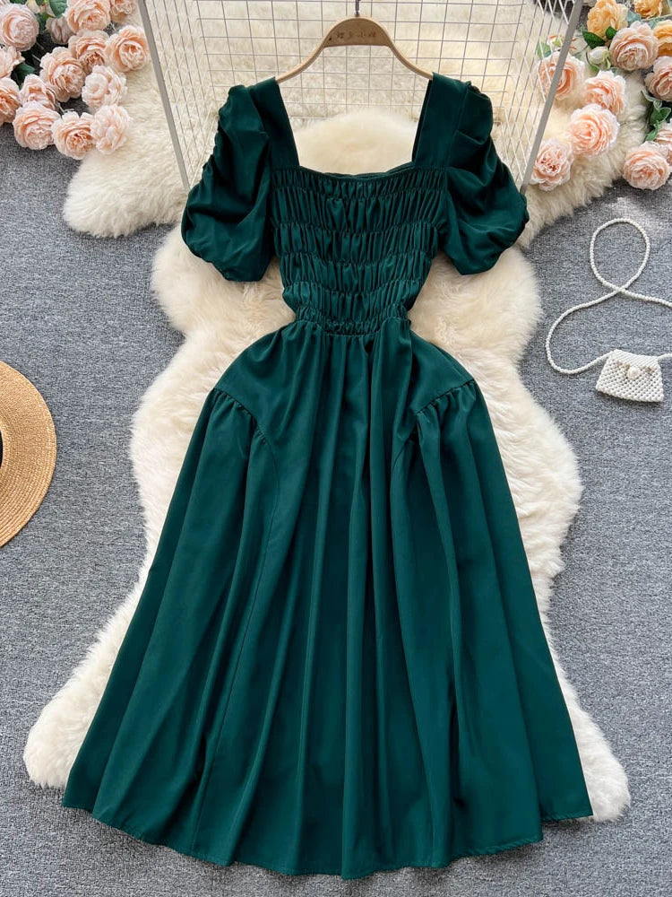 emerald green puff dress Dark Hunter Green Sleek Satin V-Neck Dress For Prom With Beading And L main image 1