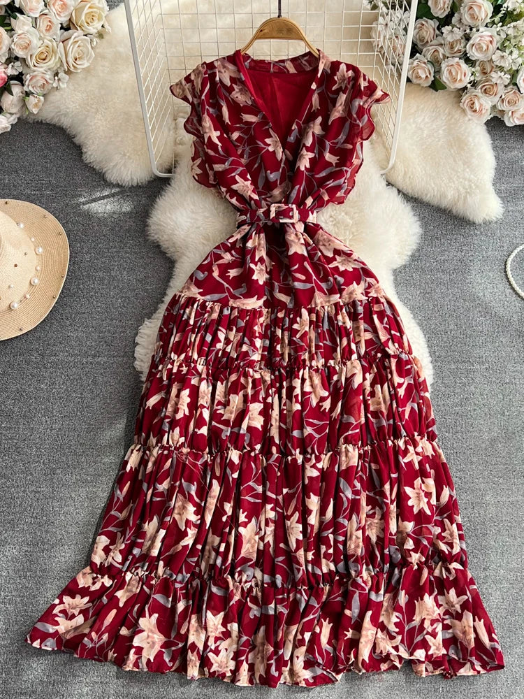 Floral Tie-waist Ruffle Maxi Dress In Burgundy on Luulla