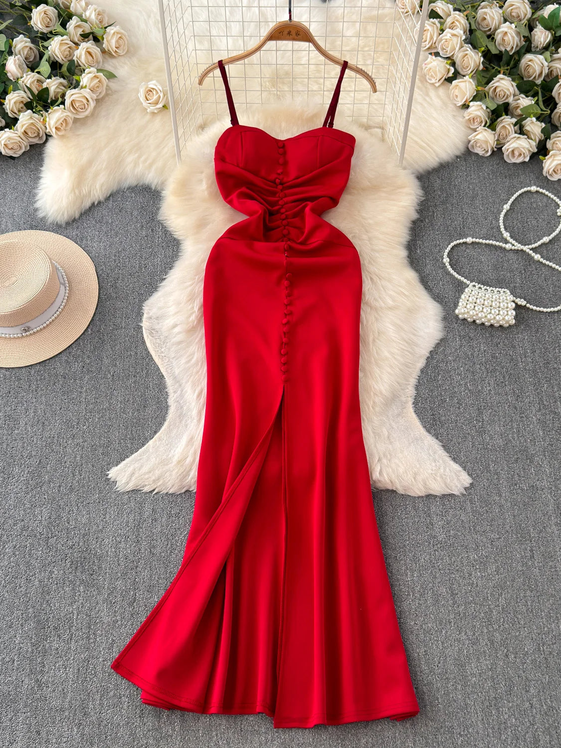 Red Satin Ruched Dress With Button Detail