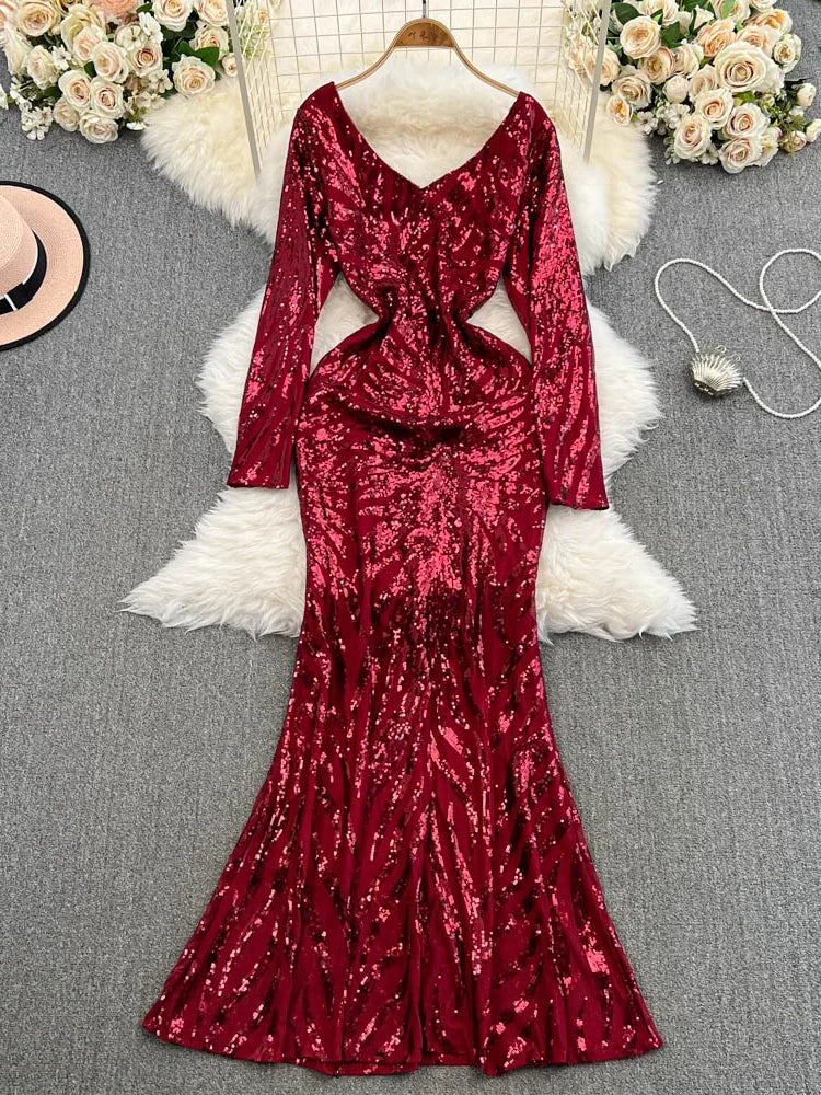 Sleeveless Backless Sparkling Red Sequin Mermaid Gown