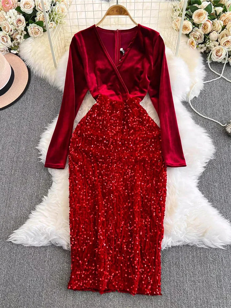 Velvet Long-sleeve Red Sequin Evening Dress