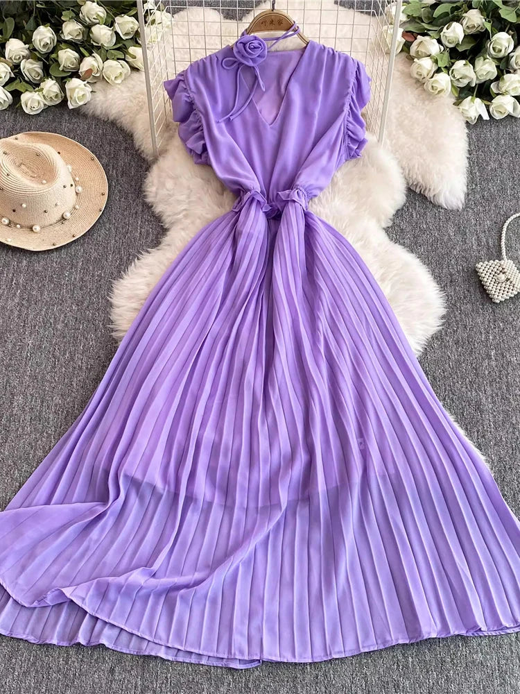 Lavender Pleated Chiffon Dress with Floral Accent