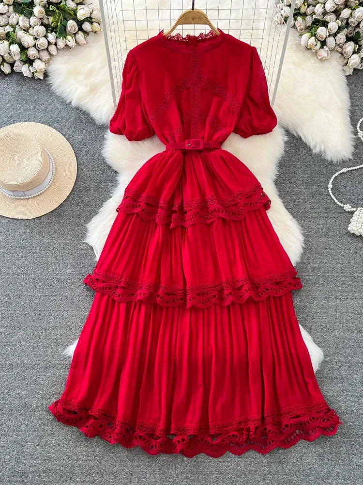 Red Tiered Dress With Lace Trim Belt