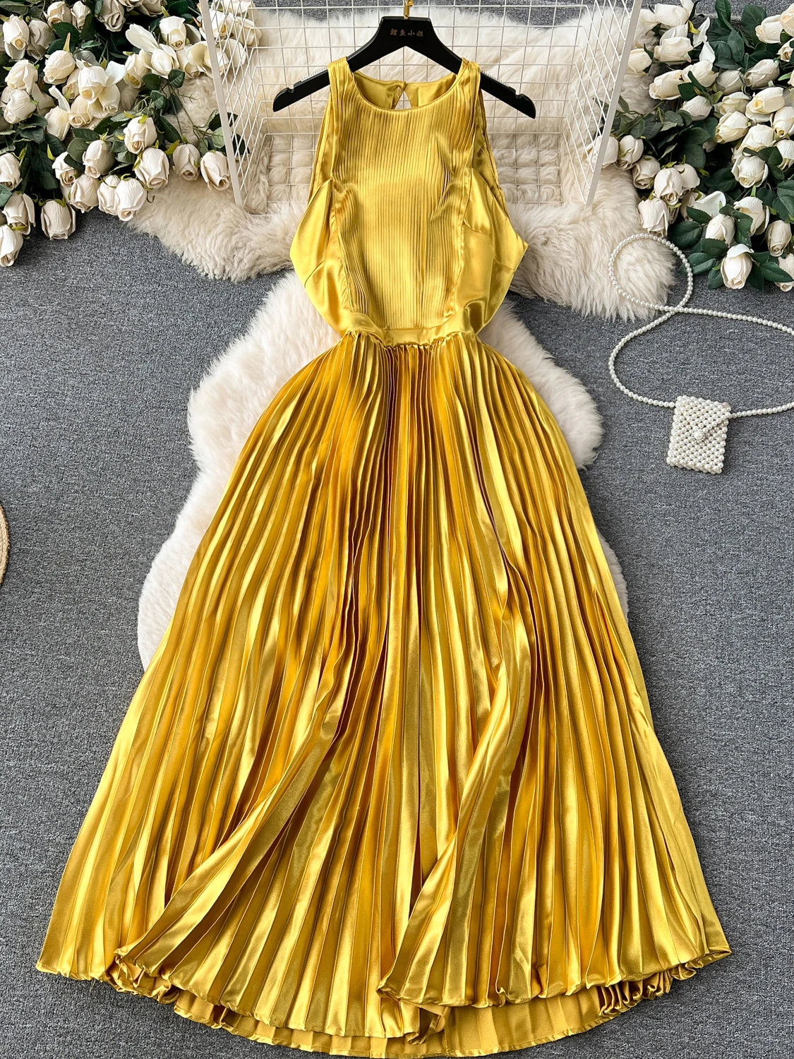 gold pleated maxi dress Mac Duggal Pleated Metallic Jersey Gown With Belt
