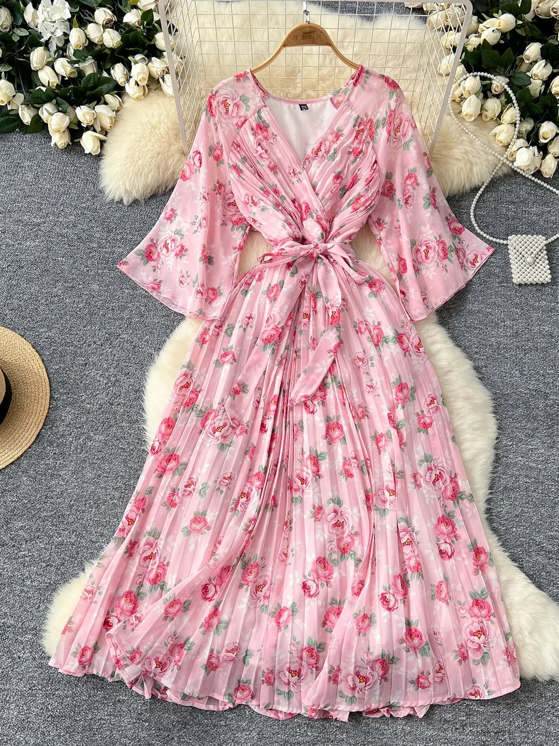 Floral Pink Maxi Dress With Flared Sleeves on Luulla