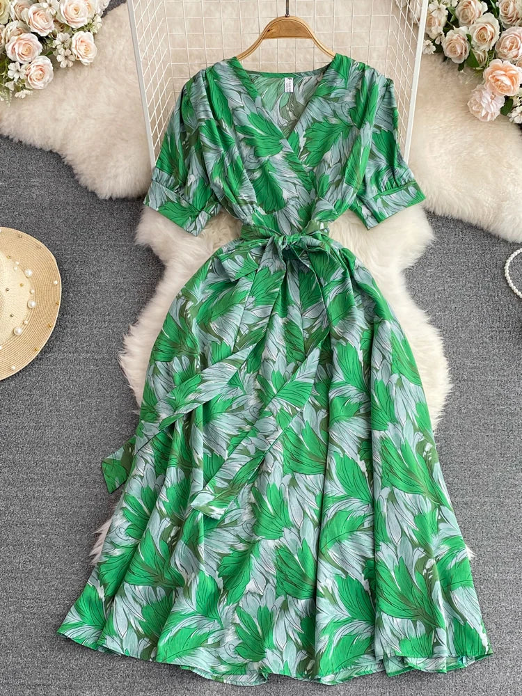 green leaf wrap dress Sunshine On My Mind Green Palm Leaf Print Maxi Dress main image 1