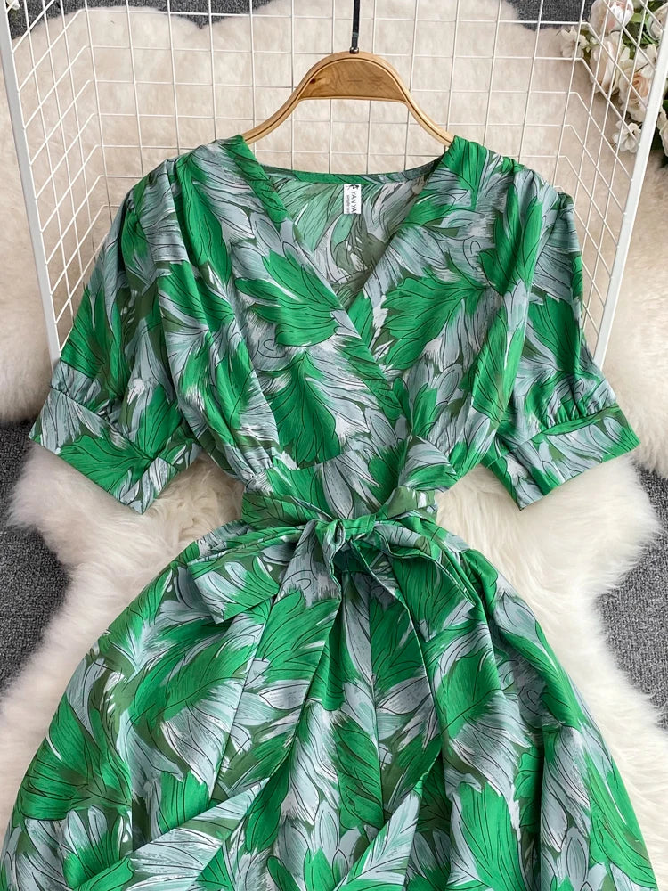 Green Leaf Patterned Wrap Dress With Belt on Luulla