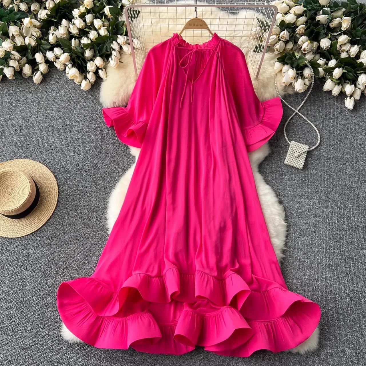 Flowing Pink Ruffled Maxi Dress With Sleeves