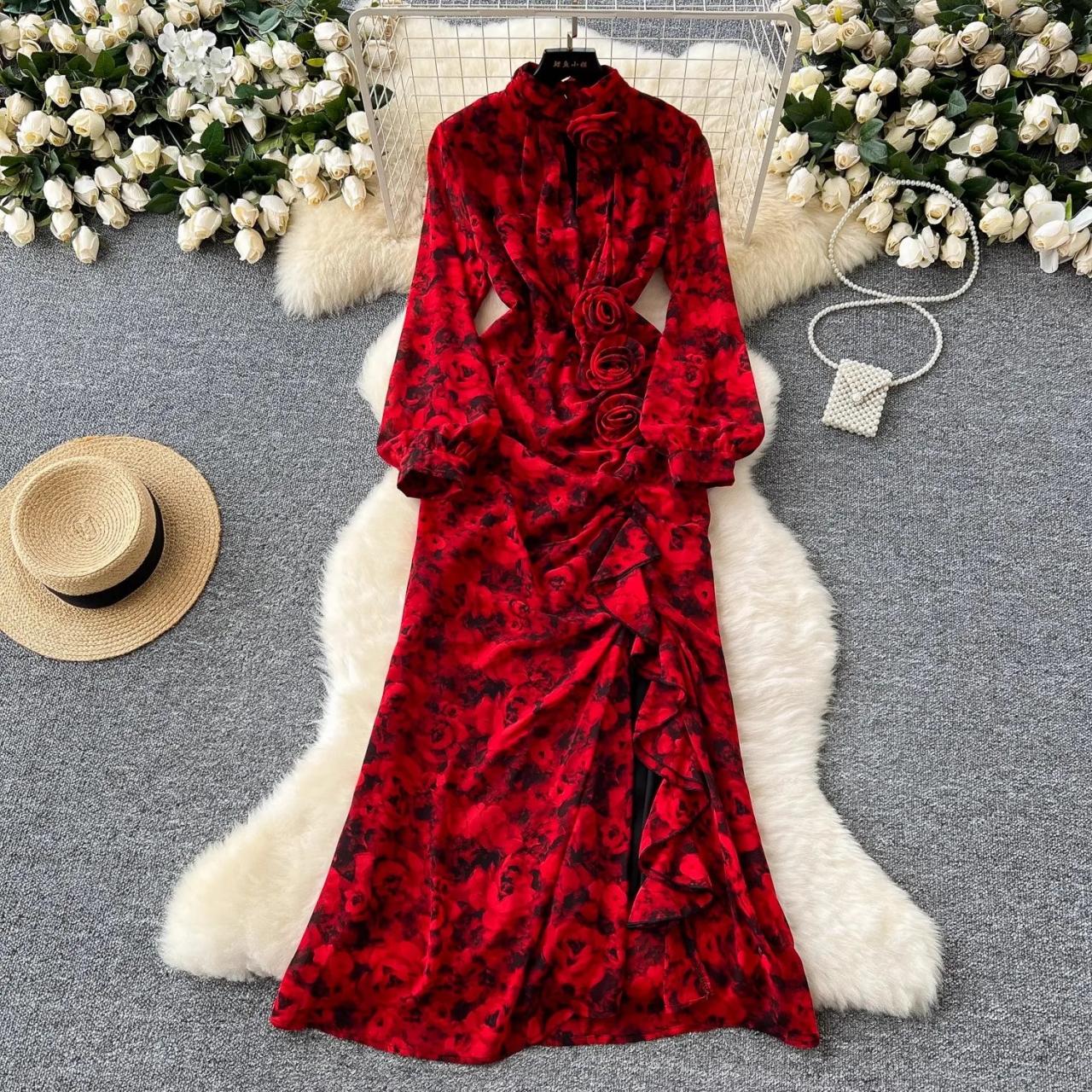 navy blue dress for baby girl Zoelnic Women's Fall Long Sleeve Maxi Dress Boho Floral Print V Neck Empire Waist A Line Flowy Dresses, S main image 1