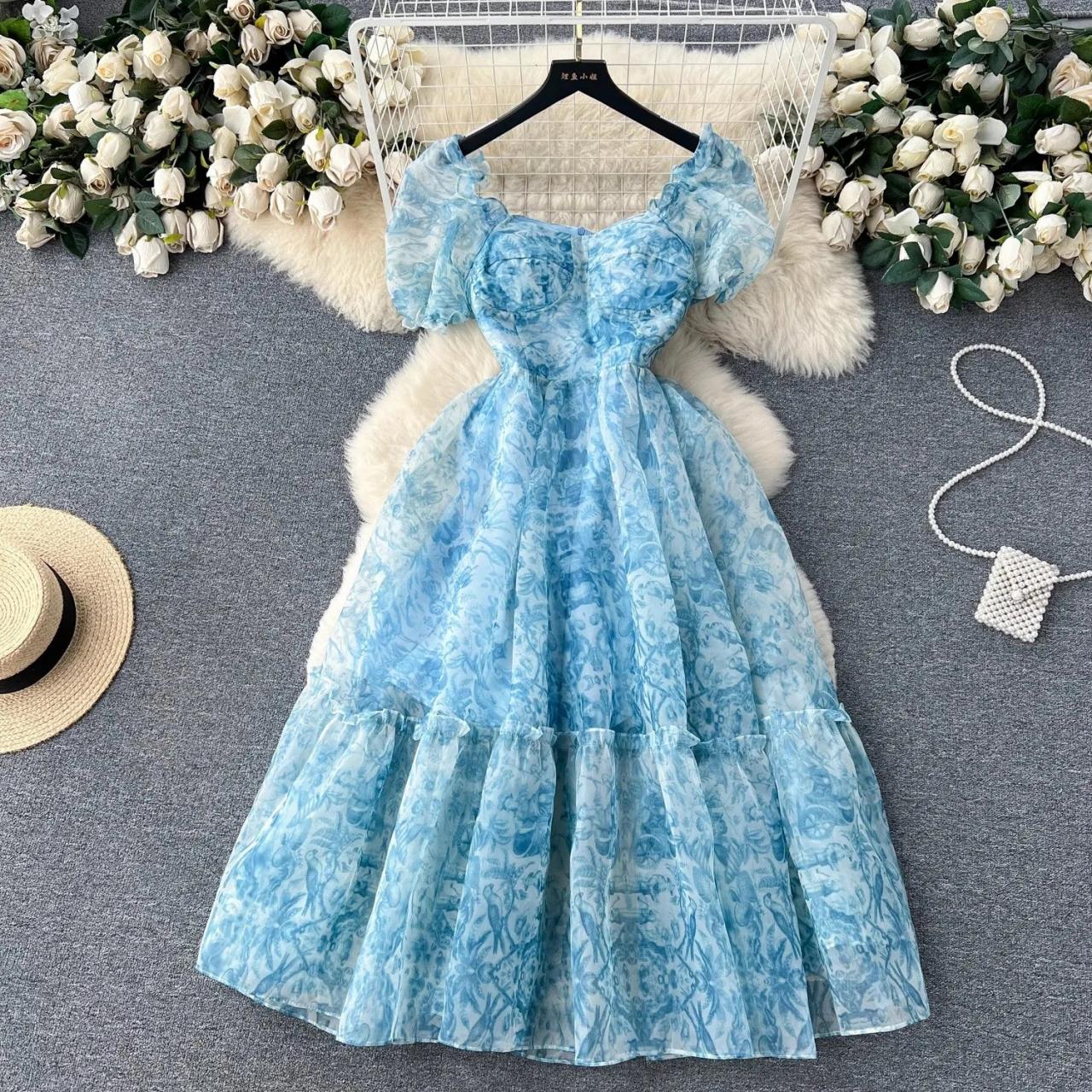 Floral Off-shoulder Blue Chiffon Maxi Dress on Luulla