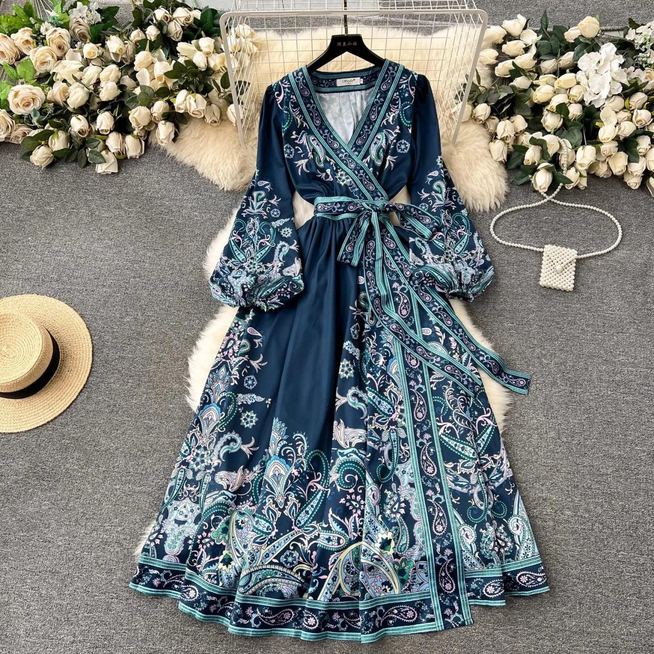 Floral Wrap Dress with Puff Sleeves Belted