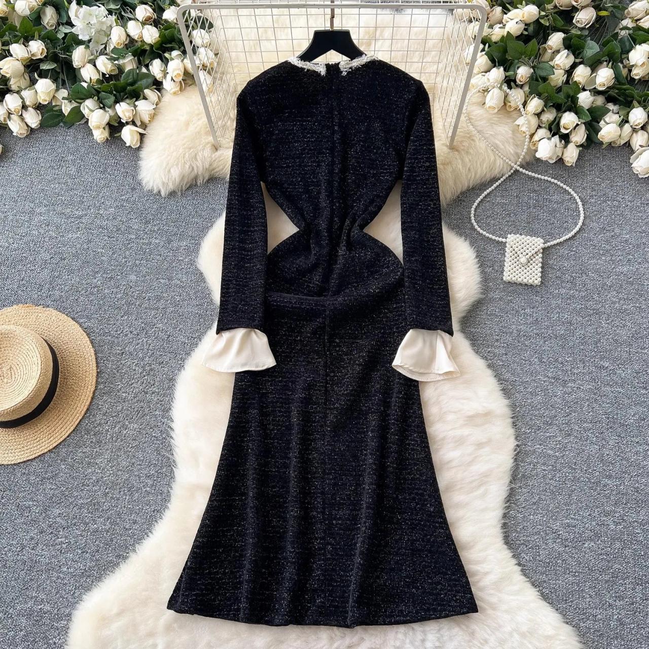 Black Tweed Long Sleeve Dress With Pockets on Luulla