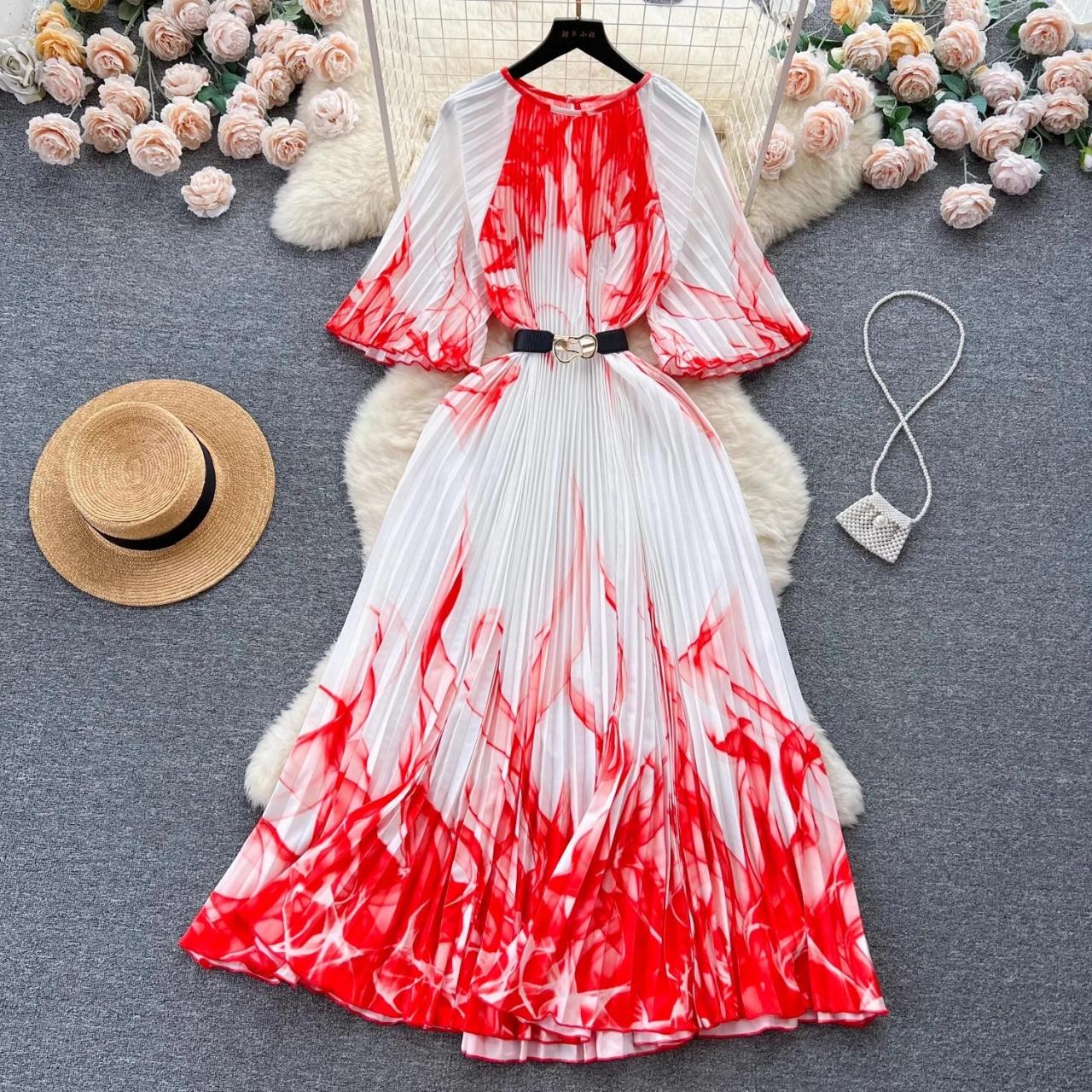 red and pink pleated dress Petal and Pup Women's Achanti Pleated Maxi Dress