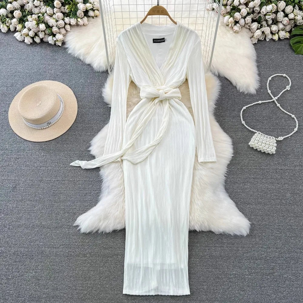 Long Sleeve White Tie Waist Maxi Dress
