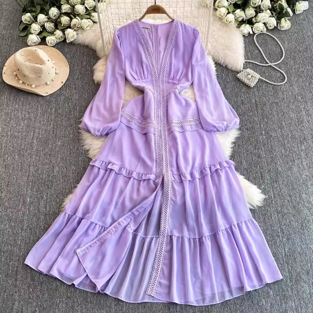 Lavender Maxi Dress with Crochet Trim and Tassels
