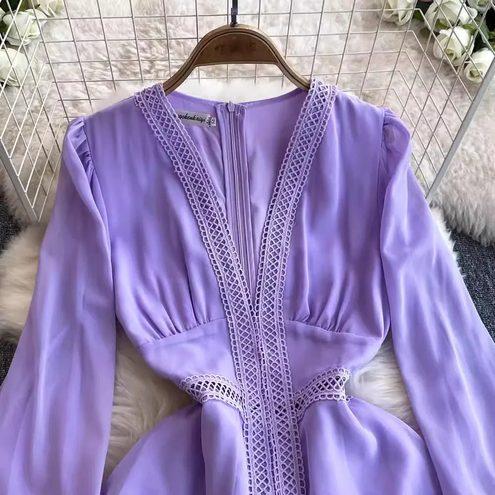 purple crochet maxi dress Samara | Purple Bandeau Maxi Dress With Cut-Out Crochet Hem
