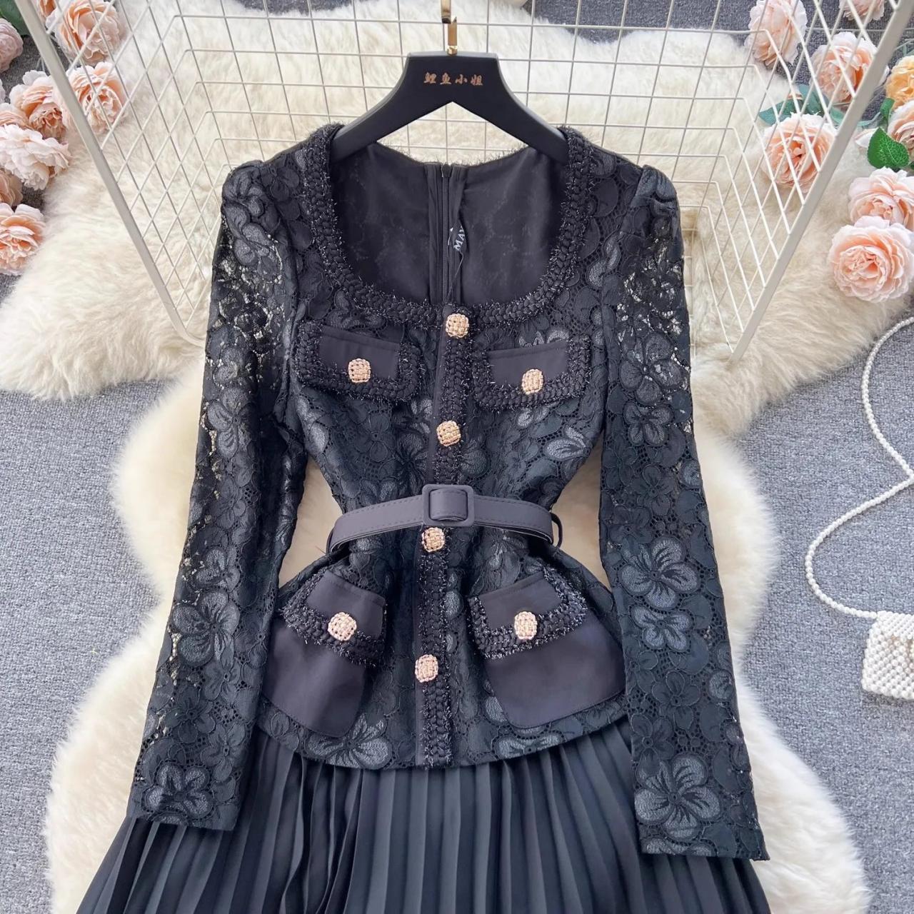chicever lace dress Champagne Floral Lace Long Sleeve Ruffle Hem Mini Dress