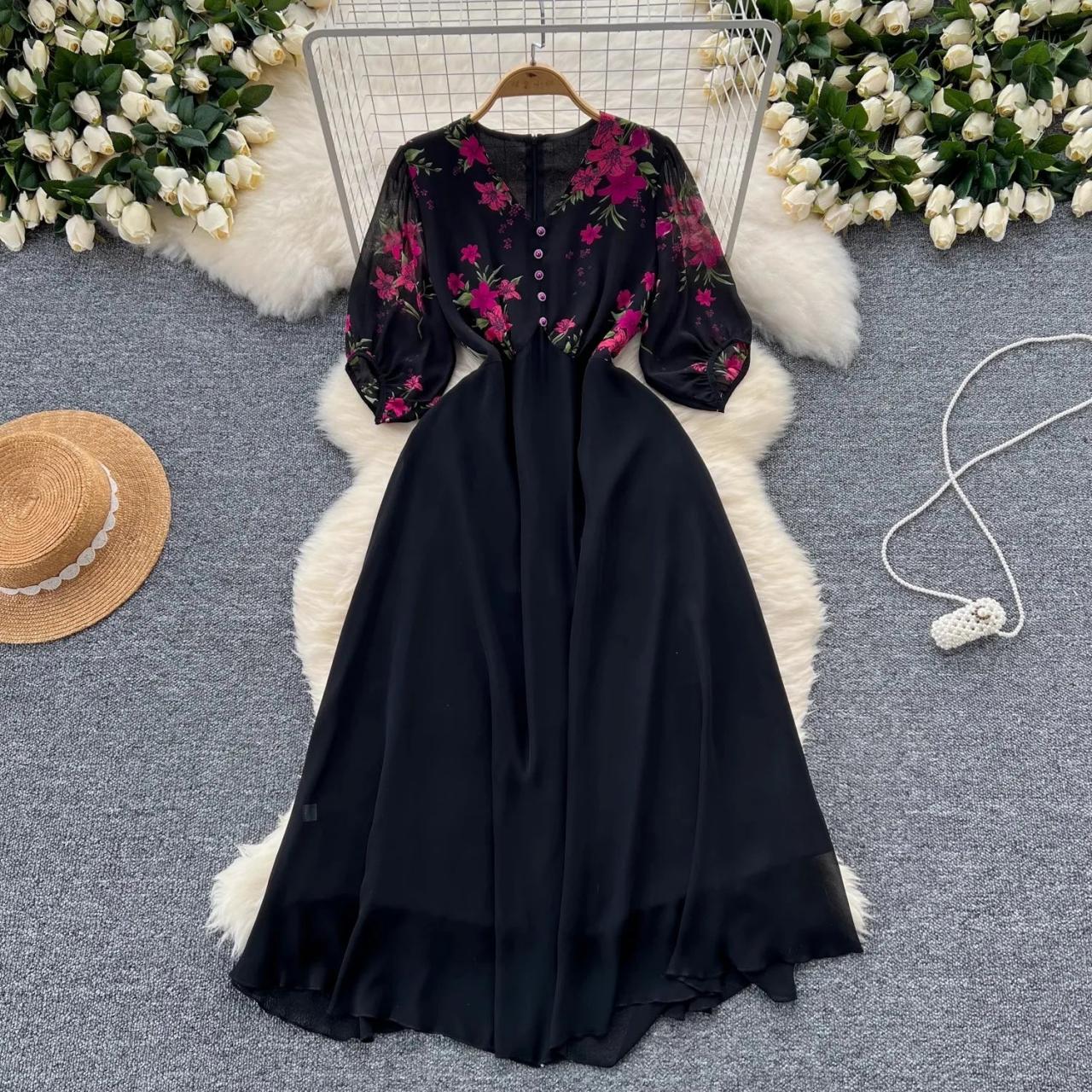 Floral Chiffon Long Sleeve Black Maxi Dress