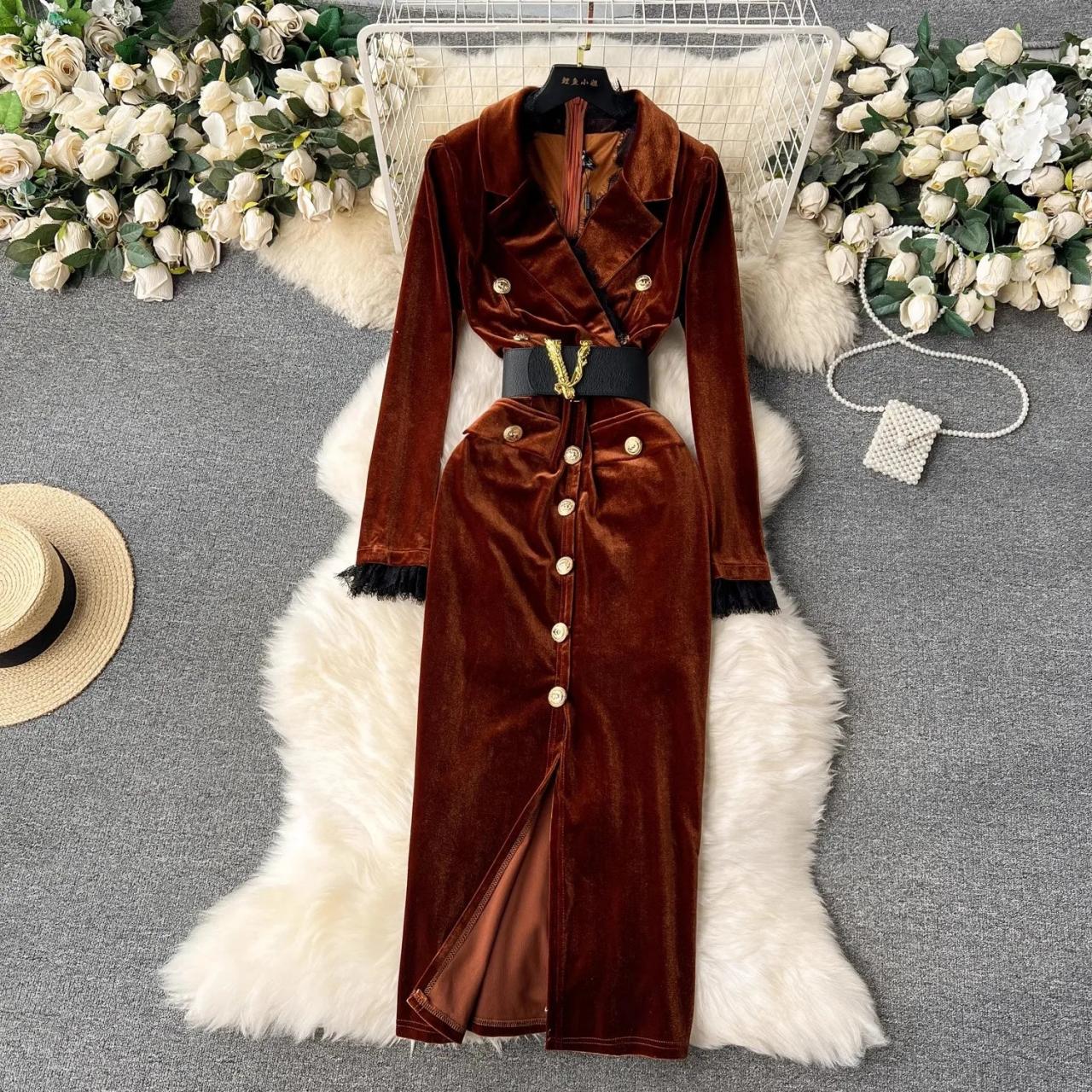 Velvet Coat Dress With Gold Button Details