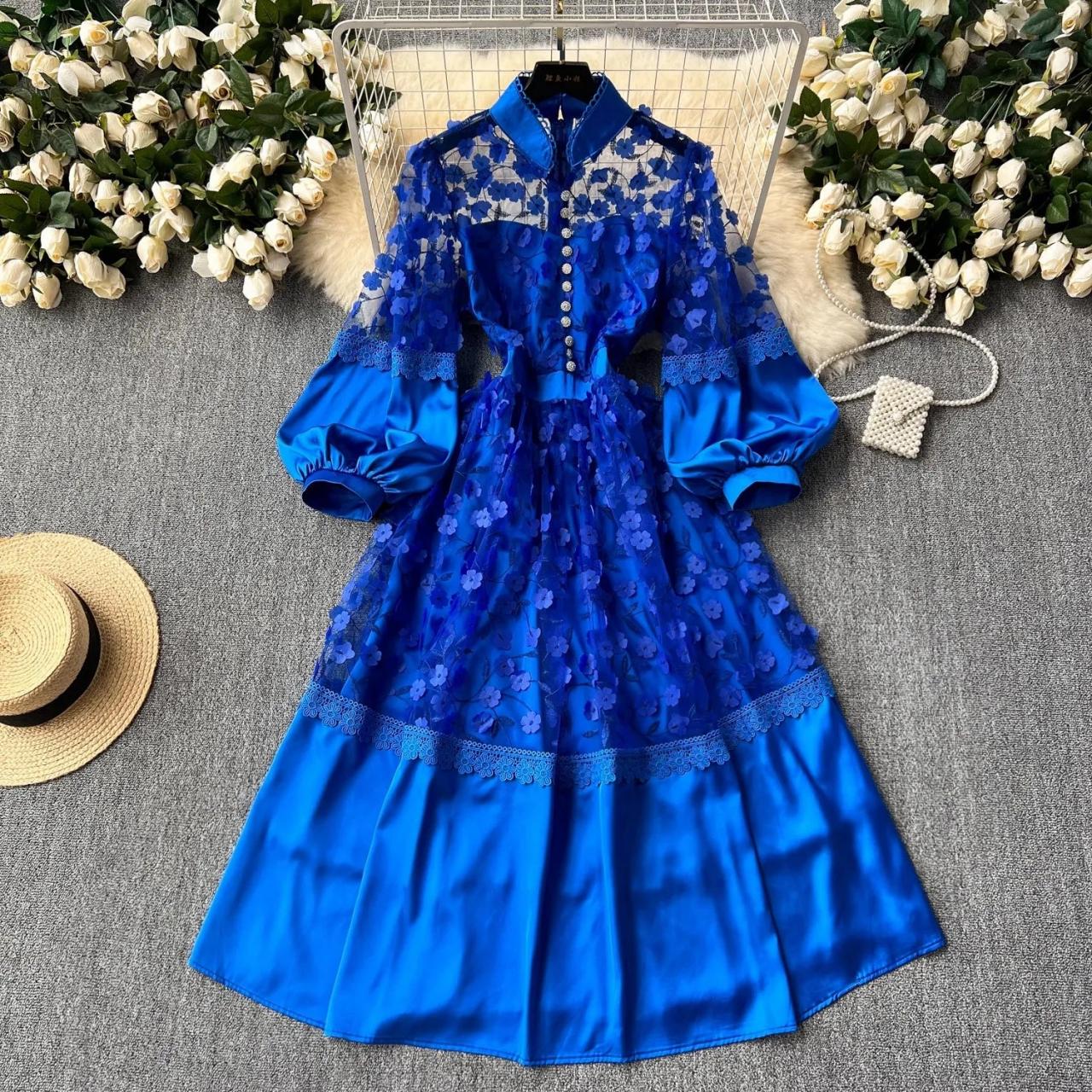 Blue Lace Floral Dress With Sheer Sleevess Midi Dresses 2025