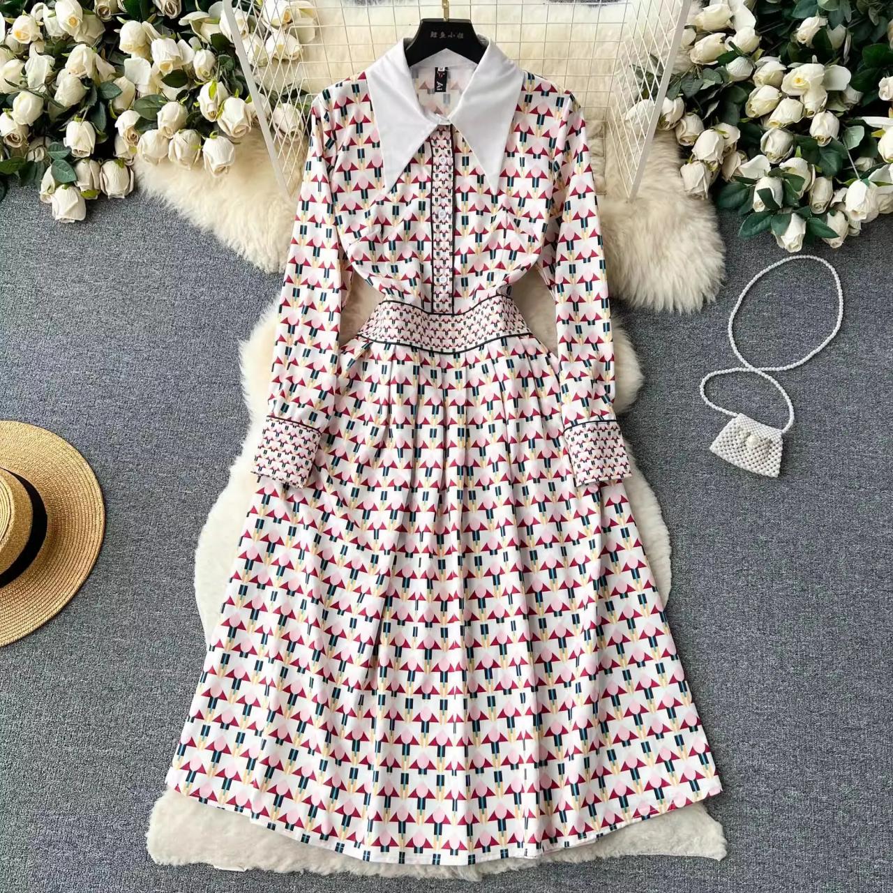 Geometric Print Long-sleeve Dress With Wide Collars Midi Dresses 2025