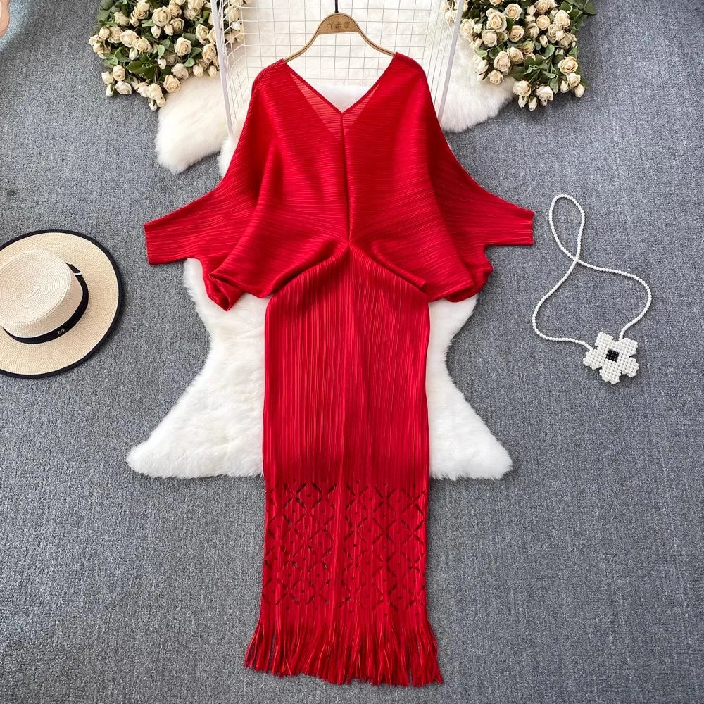 Red Knit Poncho Dress With Fringe Hems Midi Dresses 2025