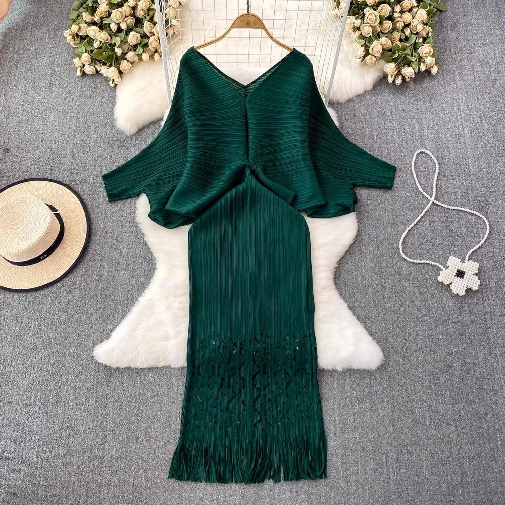 Red Knit Poncho Dress With Fringe Hems Midi Dresses 2025 on Luulla