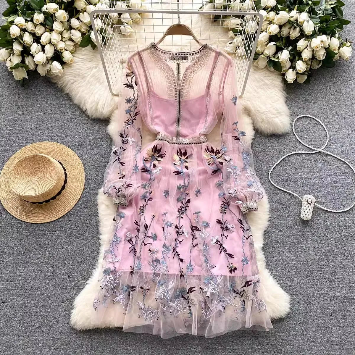 Floral Embroidered Sheer Long-sleeve Pink Dresss Midi Dresses 2025