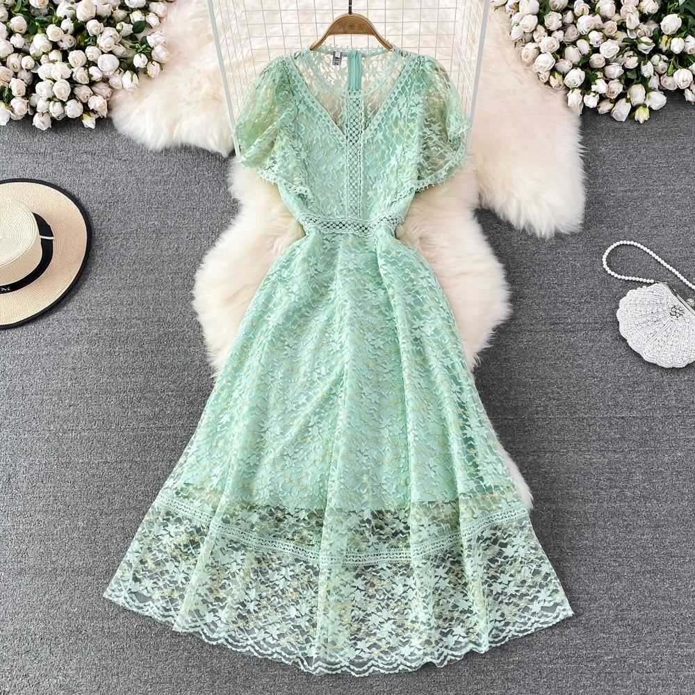 Mint Green Lace V-neck Long Dresss Midi Dresses 2025
