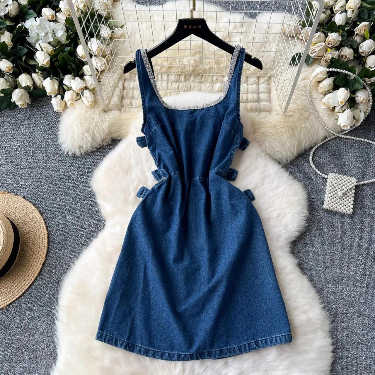 white christmas dresses Jeanie Bow Shoulder Mini Dress Denim main image 0