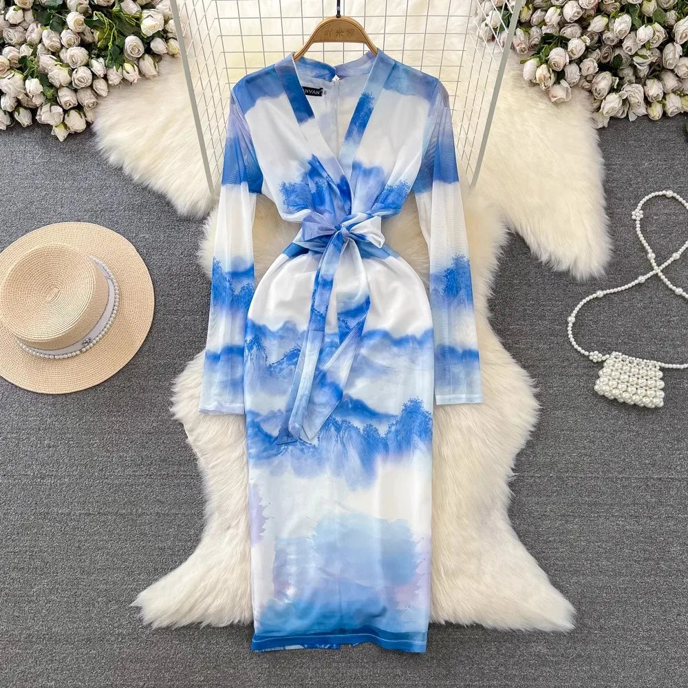 blue tie dye midi dress A/W 2000 Blue Tie-Dye Silk Chiffon Bias Cut Midi Dress