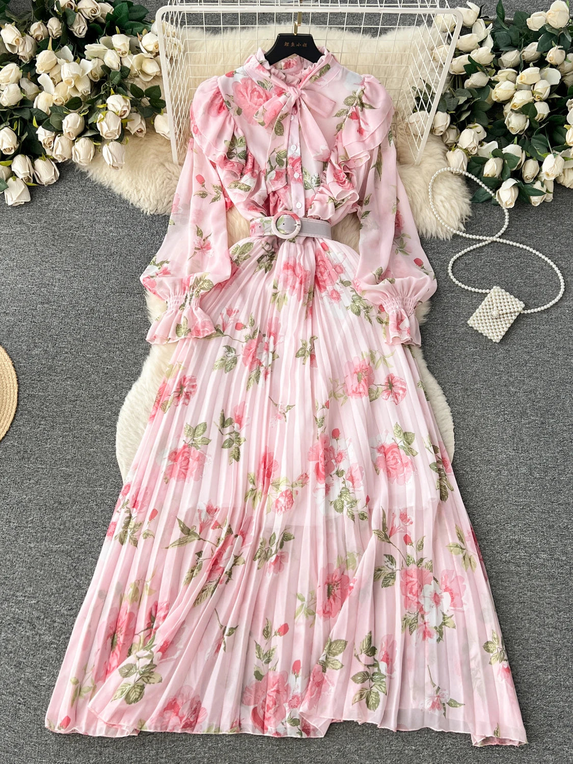 pink floral chiffon midi dress Floral Chiffon Midi Dress, 3/4 Sleeve