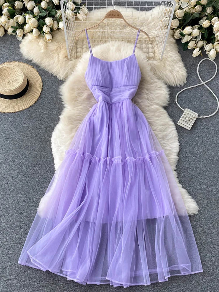 Midi Dresses 2025 Lavender Spaghetti Strap Ruffled Tulle Midi Dress on  Luulla