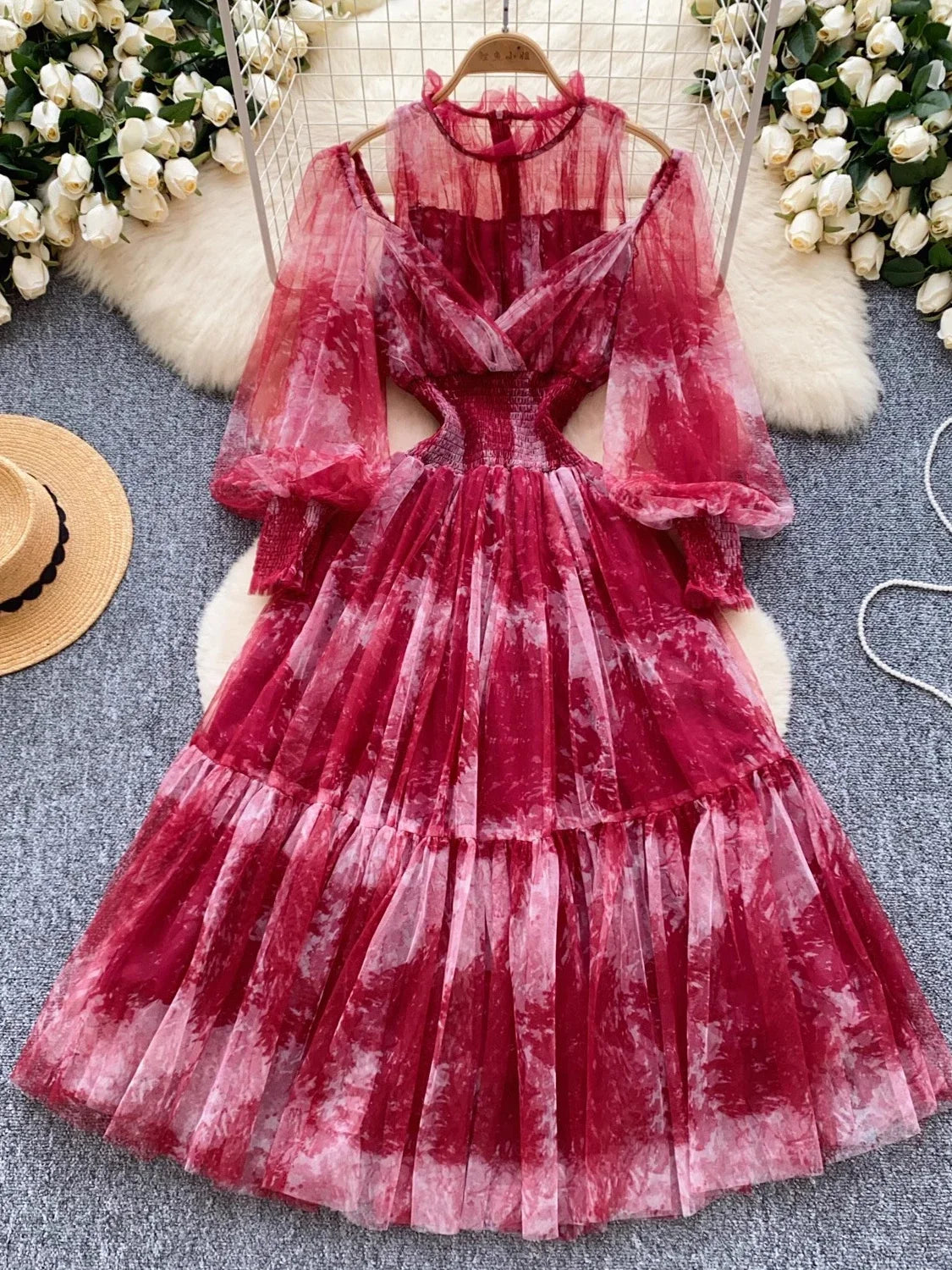 red long sleeve mesh dress Clothing: Midi Dresses: 'Everly' Holly Red Mesh Maxi Dress with Bodysuit