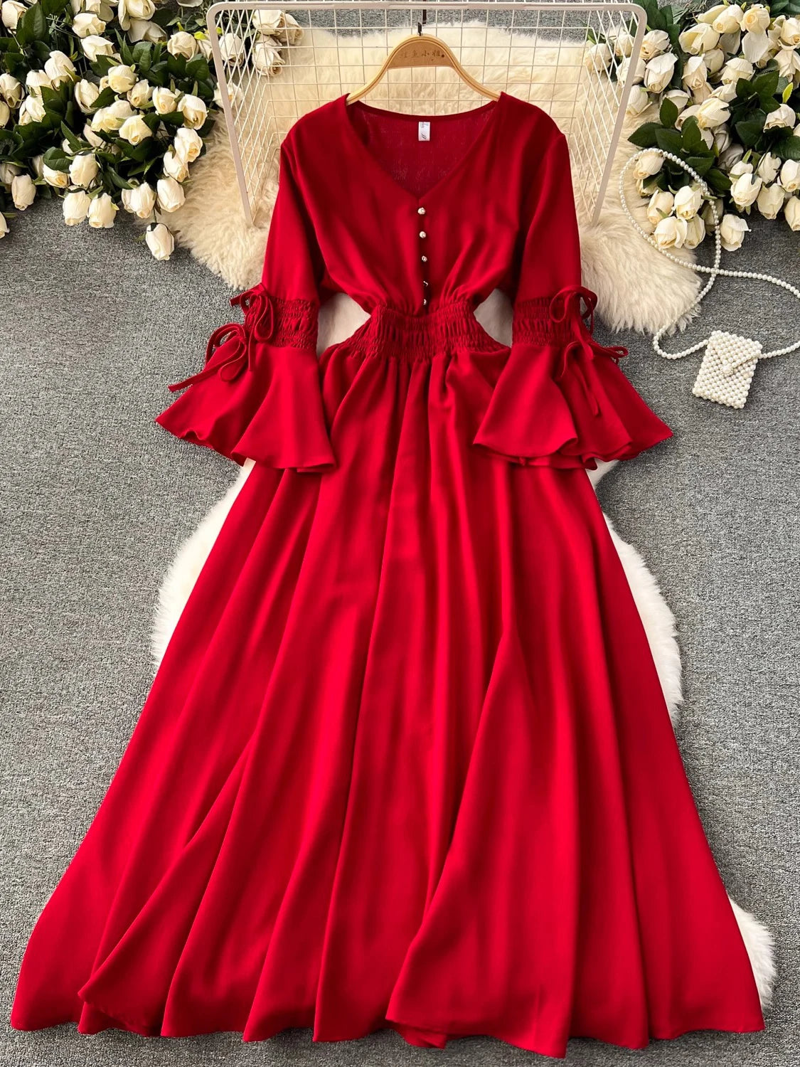 Midi Dresses 2025 Red Maxi Dress With Flared Sleeves And Buttons