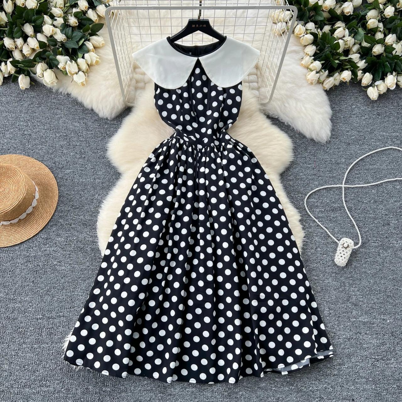 retro black and white polka dot dress Retro Black and White Polka Dot Flared Dress | Vintage Elegance main image 1