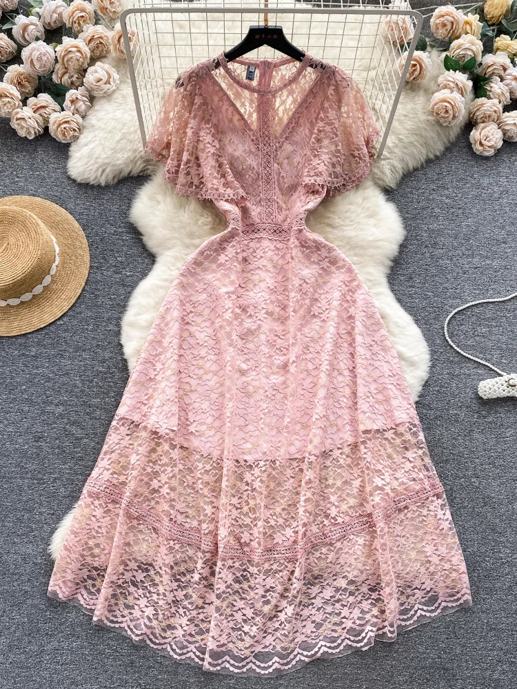 Midi Dresses 2025 Vintage Pink Lace Dress With Flutter Sleeves on Luulla