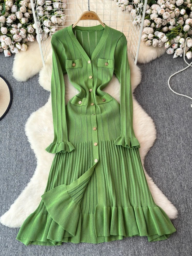 Midi Dresses 2025 Ribbed Button-down Knit Cardigan Dress With Ruffles
