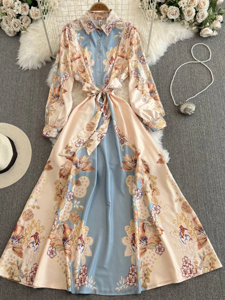 Midi Dresses 2025 Spring Autumn Palace Design Long Dress Women Retro Print Long Sleeved Shirt Dresses Ladies Lapel Floral Party Long Robe