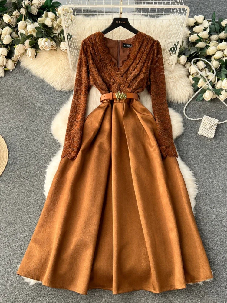 Midi Dresses 2025 Vintage Lace Long Sleeve Belted Maxi Dress