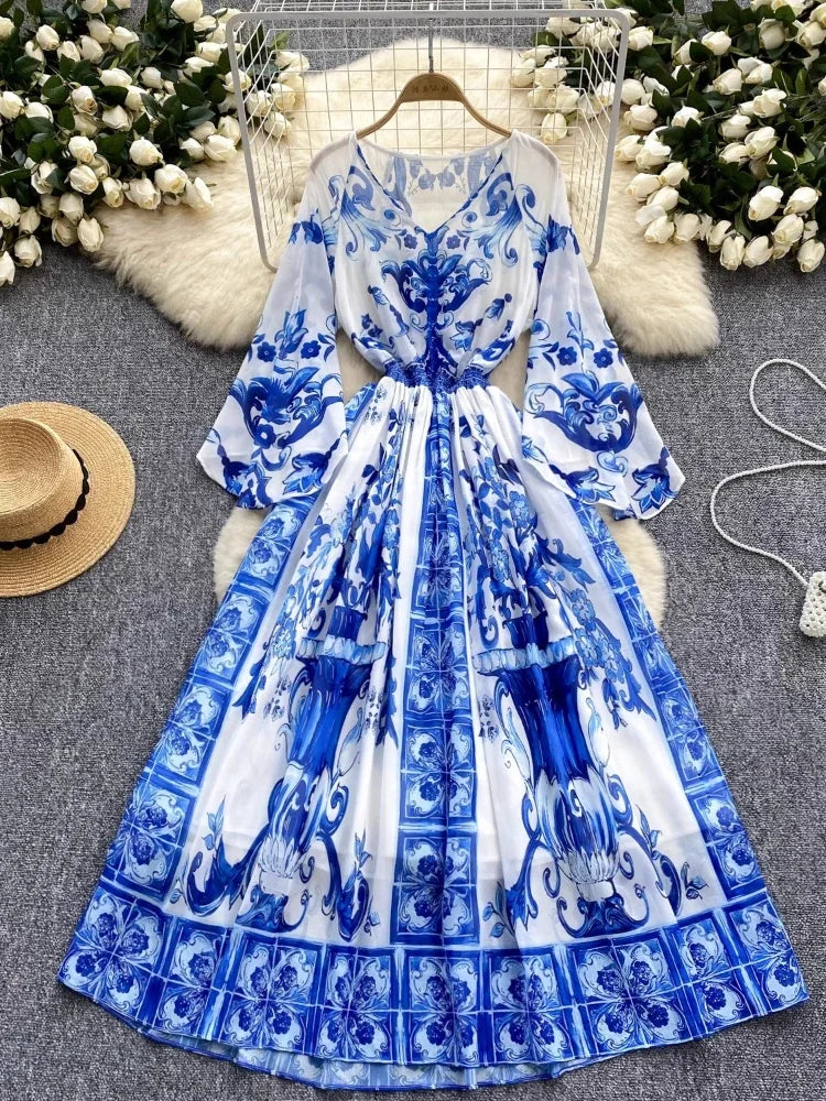Floral Maxi Dress With Blue Porcelain Print Midi Dresses 2025