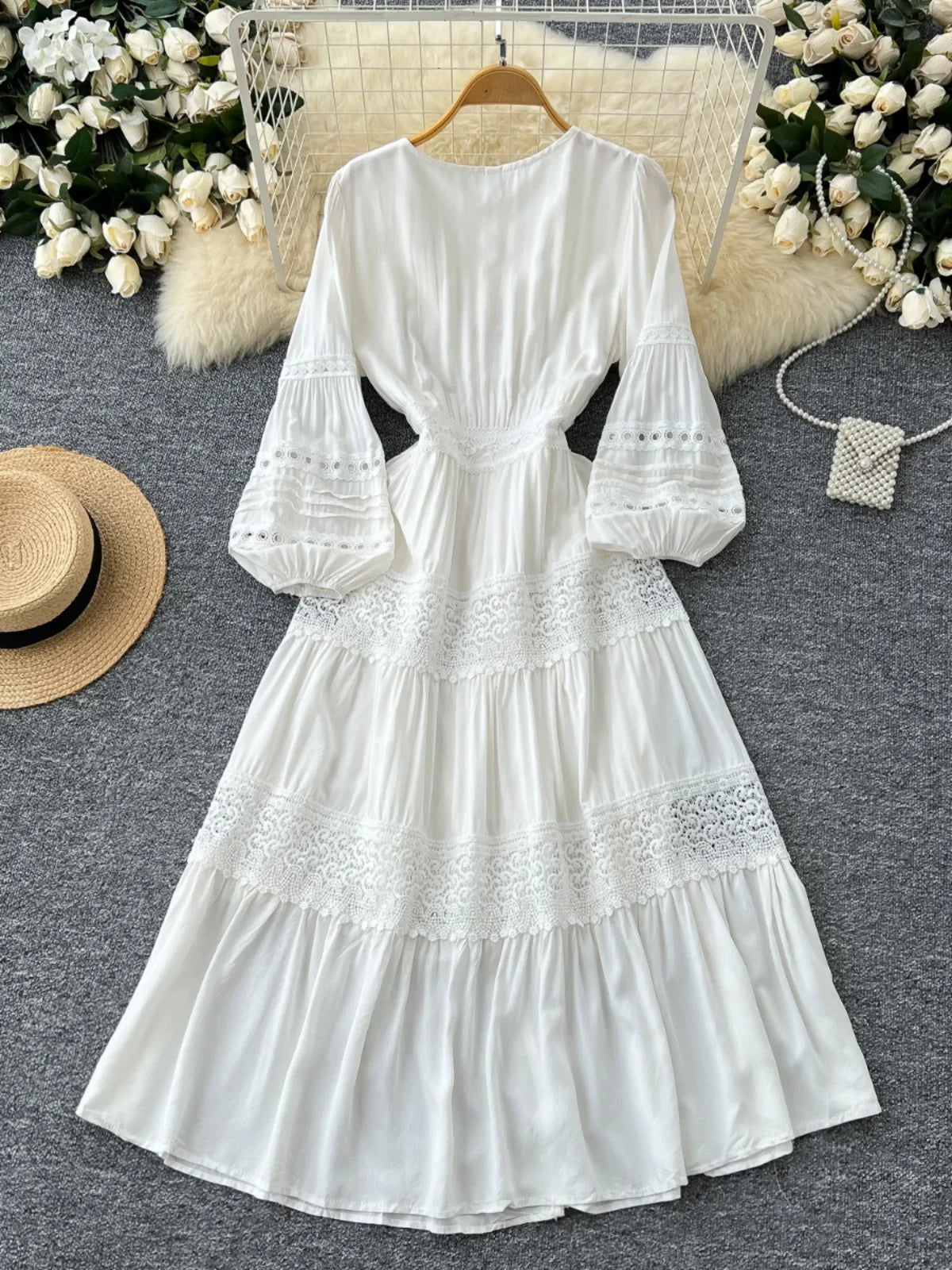 knee length dresses for ladies Elegant Bohemian-style Lace Midi Wedding Dress with Long Sleeve – Rosymae main image 0