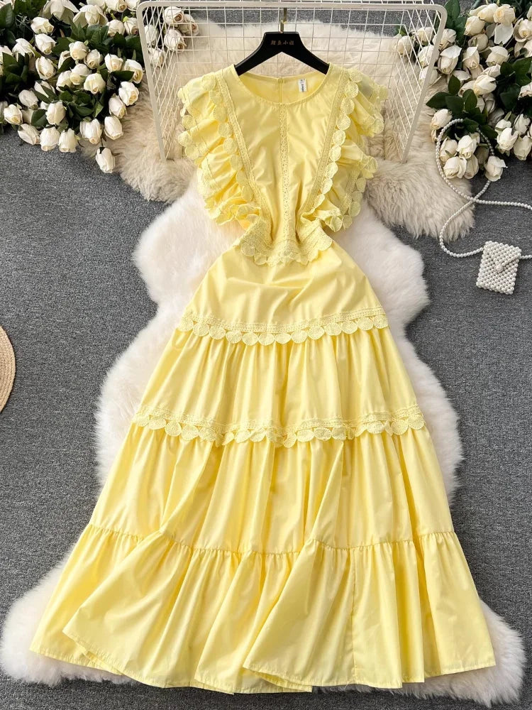 Vibrant Yellow Dress With Ruffled Lace Details Midi Dresses 2025
