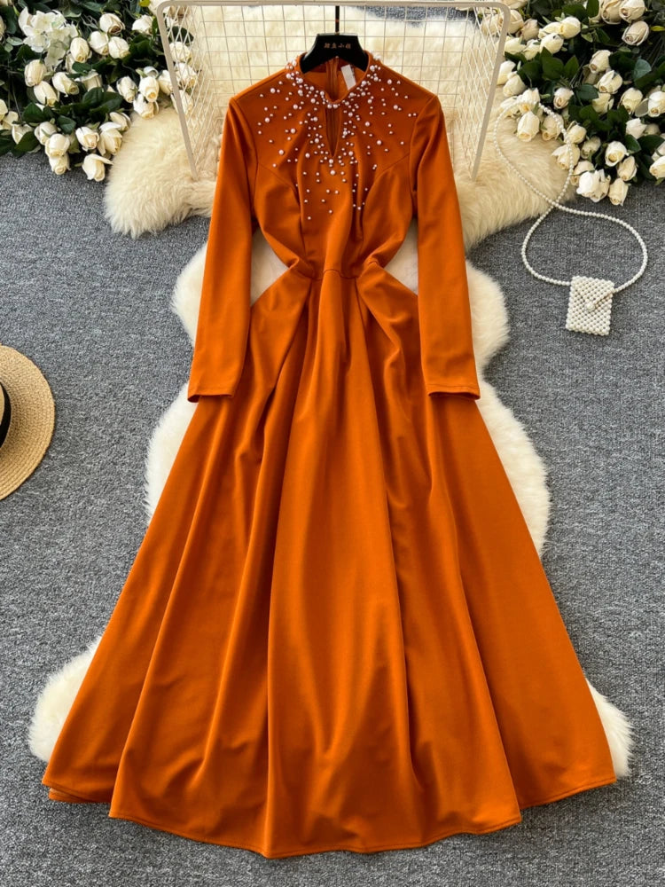 Rust A-line Dress With Beaded Detail Midi Dresses 2025