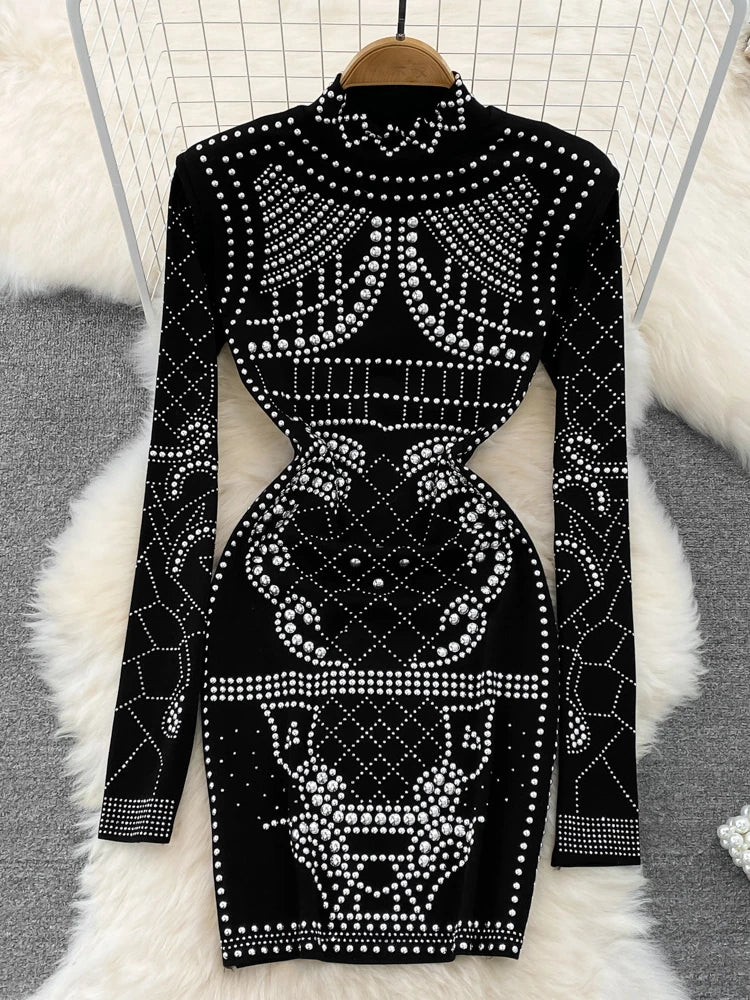 Rhinestone Embellished Long Sleeve Bodycon Party Dress 2025