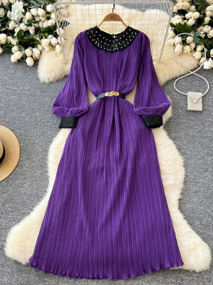 Long Sleeve Pleated Purple Dress with Belt