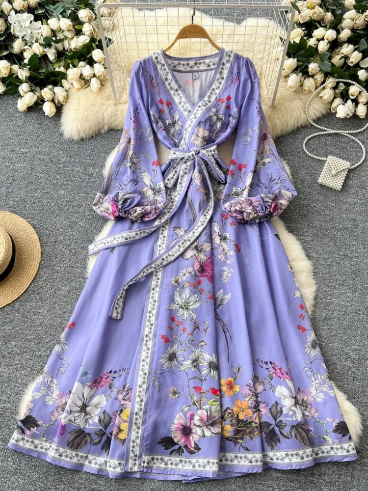 fitted lace wedding dress Lilac Purple Floral-Print Long Prom Dress A1135 Lilac / 2 main image 0