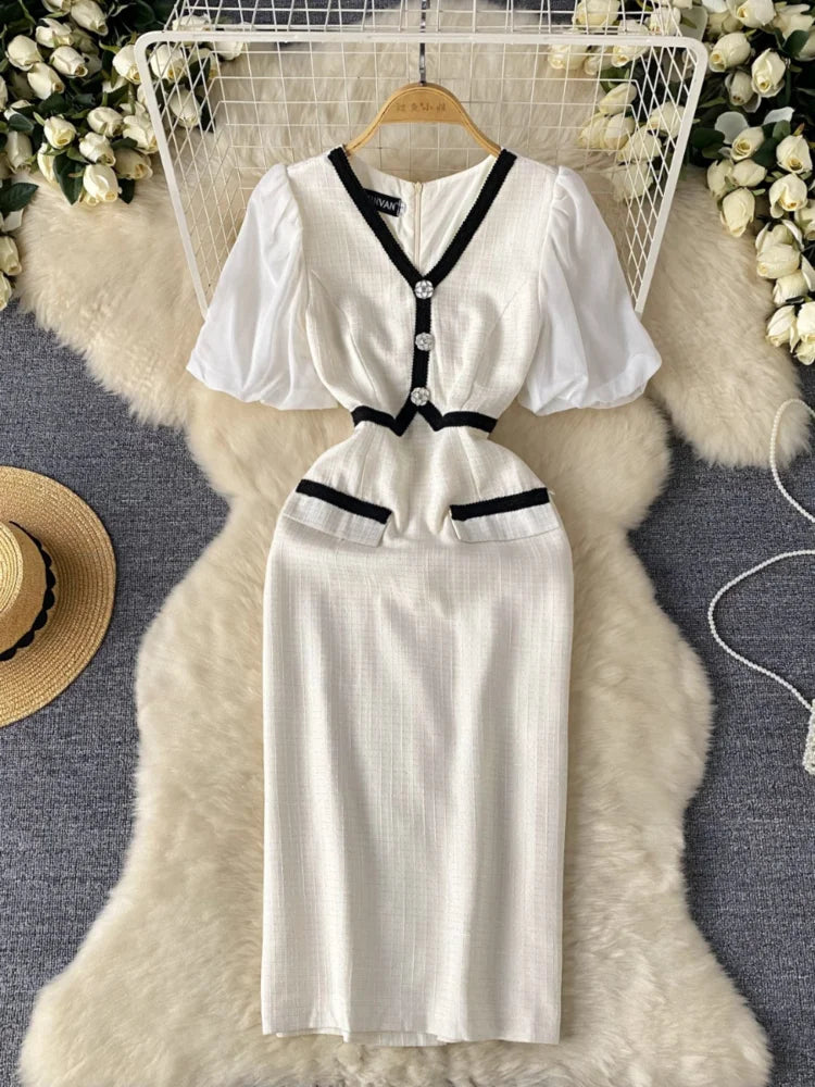 Chic White Dress With Black Trim Accents Spring Midi Dresses 2025 on Luulla