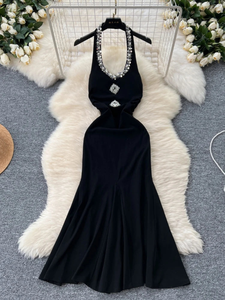 Black Gown With Rhinestone Halter Neckline Detailing
