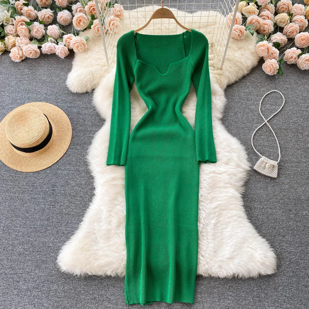 Ribbed Knit Long Sleeve Green Midi Dress Spring Midi Dresses 2025 on Luulla
